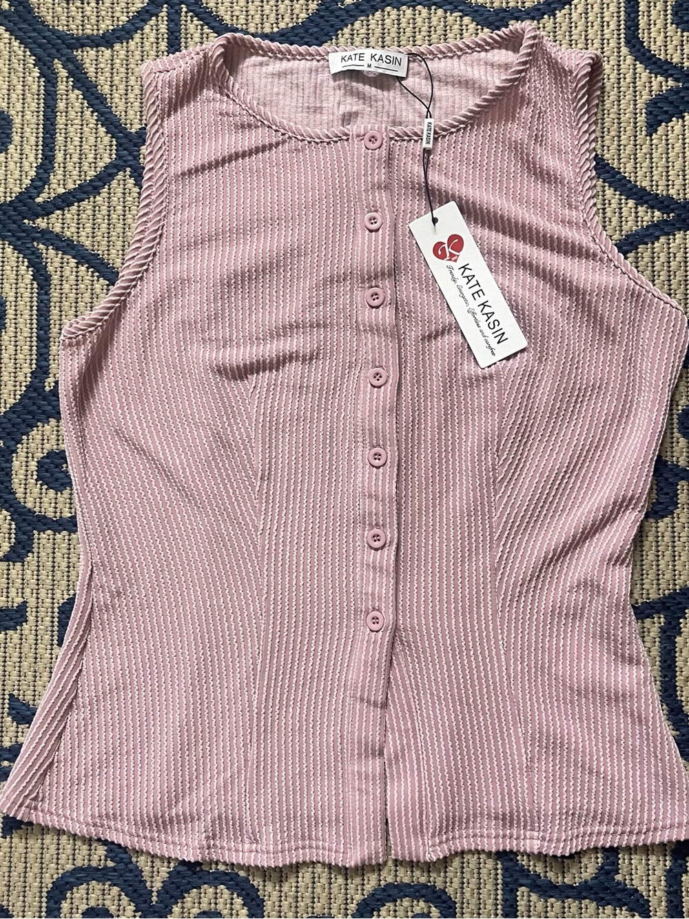Sleeveless Ribbed Button-Front Tank - Mauve Pink - Picture 2 of 10